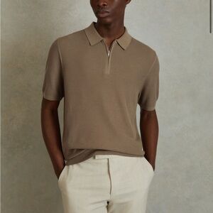 Reiss Merino Wool Maxwell Short Sleeve Polo Shirt Camel Textured Half Zip S NEW
